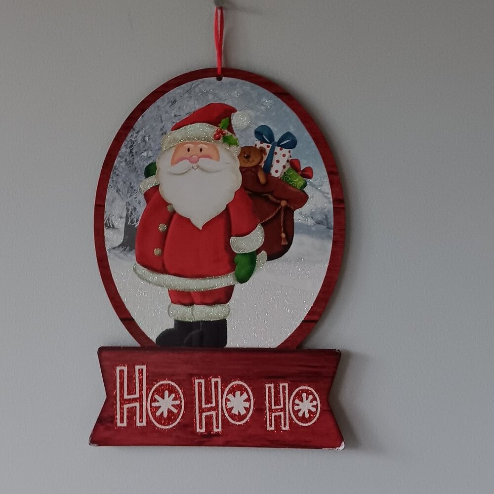 Santa Clause Ho Ho Ho Gifts Bag Snowy Scene Hanging Wall Decoration Red White